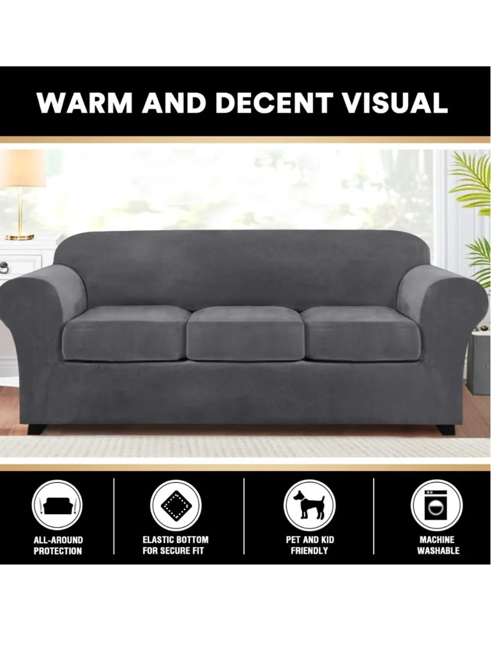 Modern Sofa Slipcover Pet-Friendly 3 Pc. Set SIZE LARGE 72-90” - GRAY VELVET